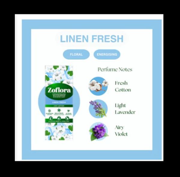 Zoflora Linen Fresh โซฟลอรา น้ำยาฆ่าเชื้อกลิ่น ลินิน เฟรช 120 มล.